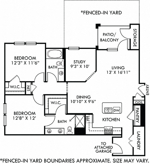 Floor plan for 2 beds, 2 baths, 1170 sqft